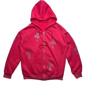 Y2K Pink Rhinestone Cross Zip-Up Hoodie Gothic Streetwear Sparkle Small